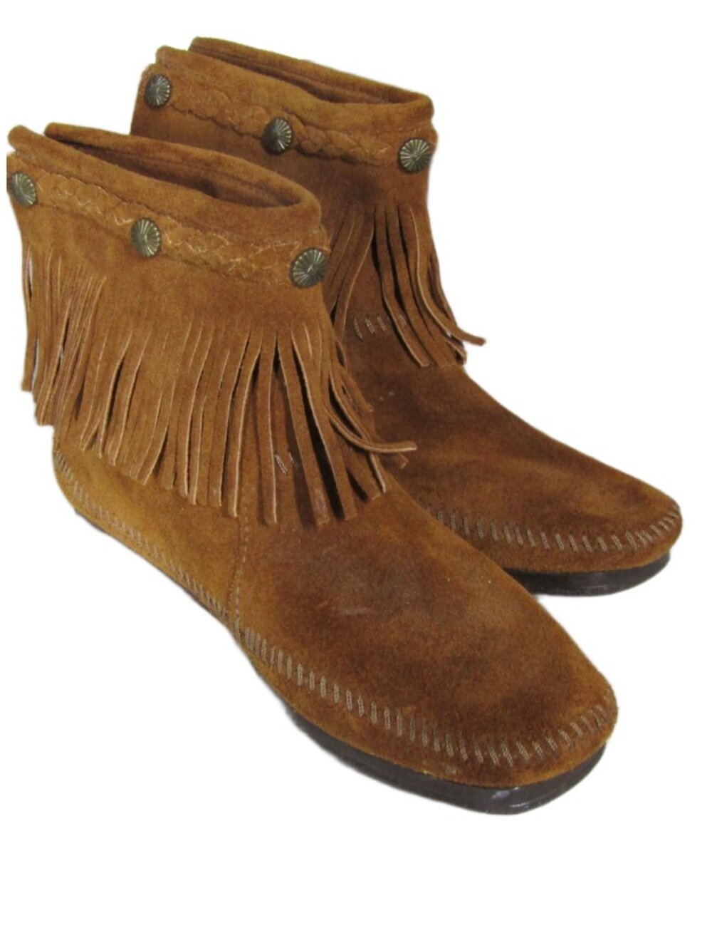 MINNETONKA Fringe Suede Leather Moccasins Southwestern Brown  Boots Shoes 7.5